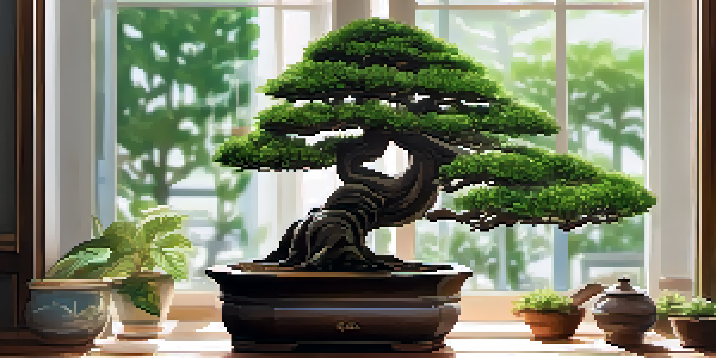A tranquil indoor scene with a bonsai tree on a table, illuminated by soft morning light, alongside a watering can and a moisture meter.