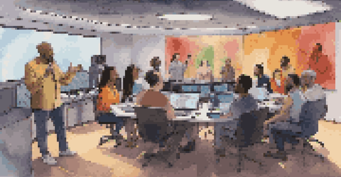 A diverse group of voice actors in a recording studio, discussing their roles and collaborating on a project.