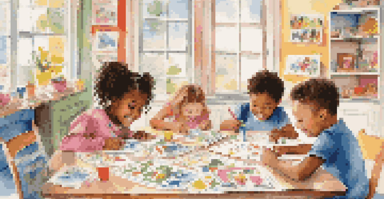 Children creating homemade greeting cards with colorful paper and markers, displaying their imaginative designs.