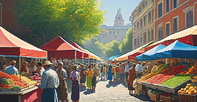 A busy street market with colorful stalls and people interacting under sunlight.