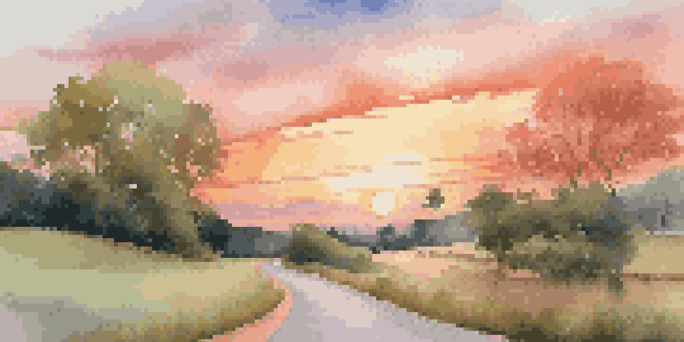 A peaceful landscape with a winding road leading to a colorful sunset, surrounded by green trees and soft clouds.