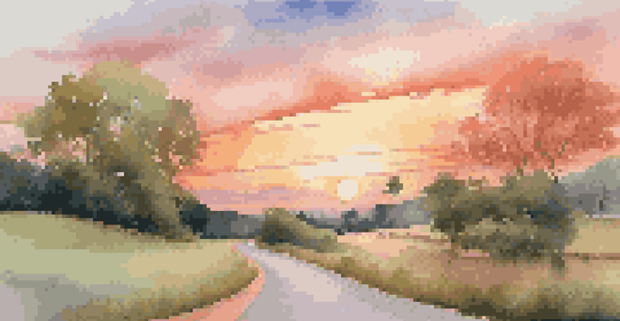 A peaceful landscape with a winding road leading to a colorful sunset, surrounded by green trees and soft clouds.