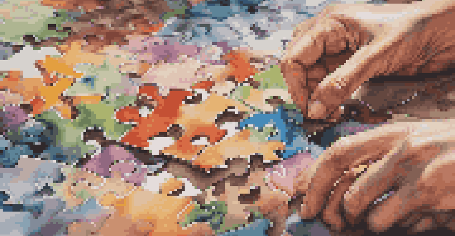 Close-up of hands placing a jigsaw puzzle piece into a colorful puzzle.