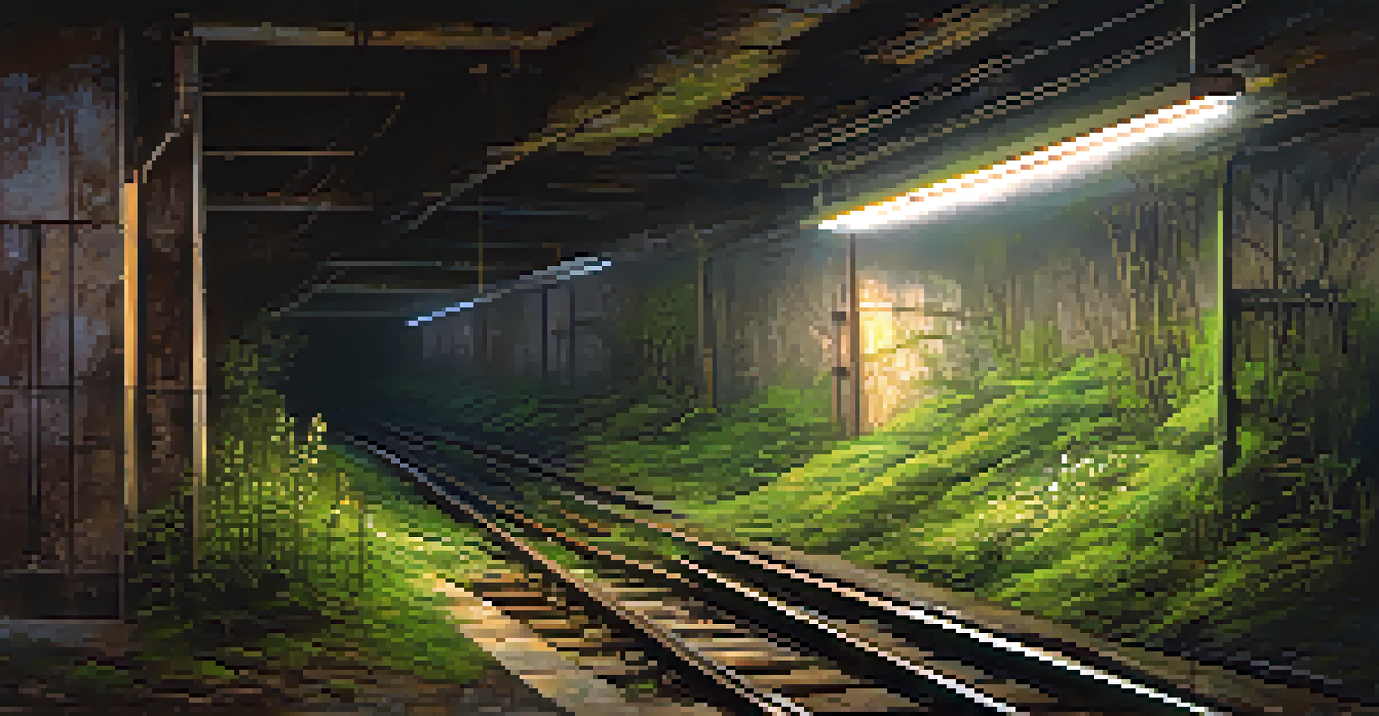 An overgrown subway tunnel with plants and moss, illuminated by dim overhead light.