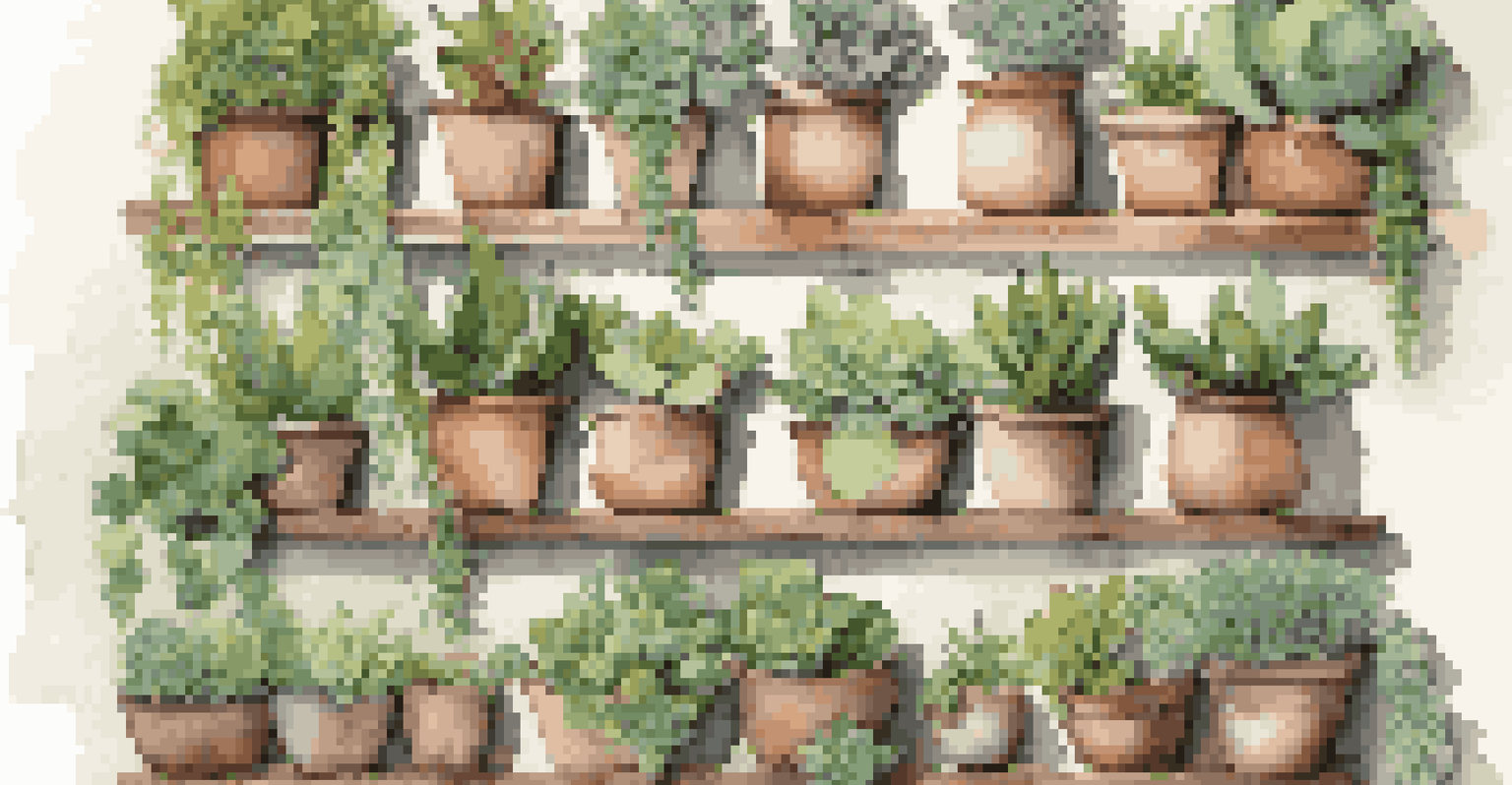A vertical garden on a wall with hanging pots of succulents and trailing vines, illuminated by soft light.