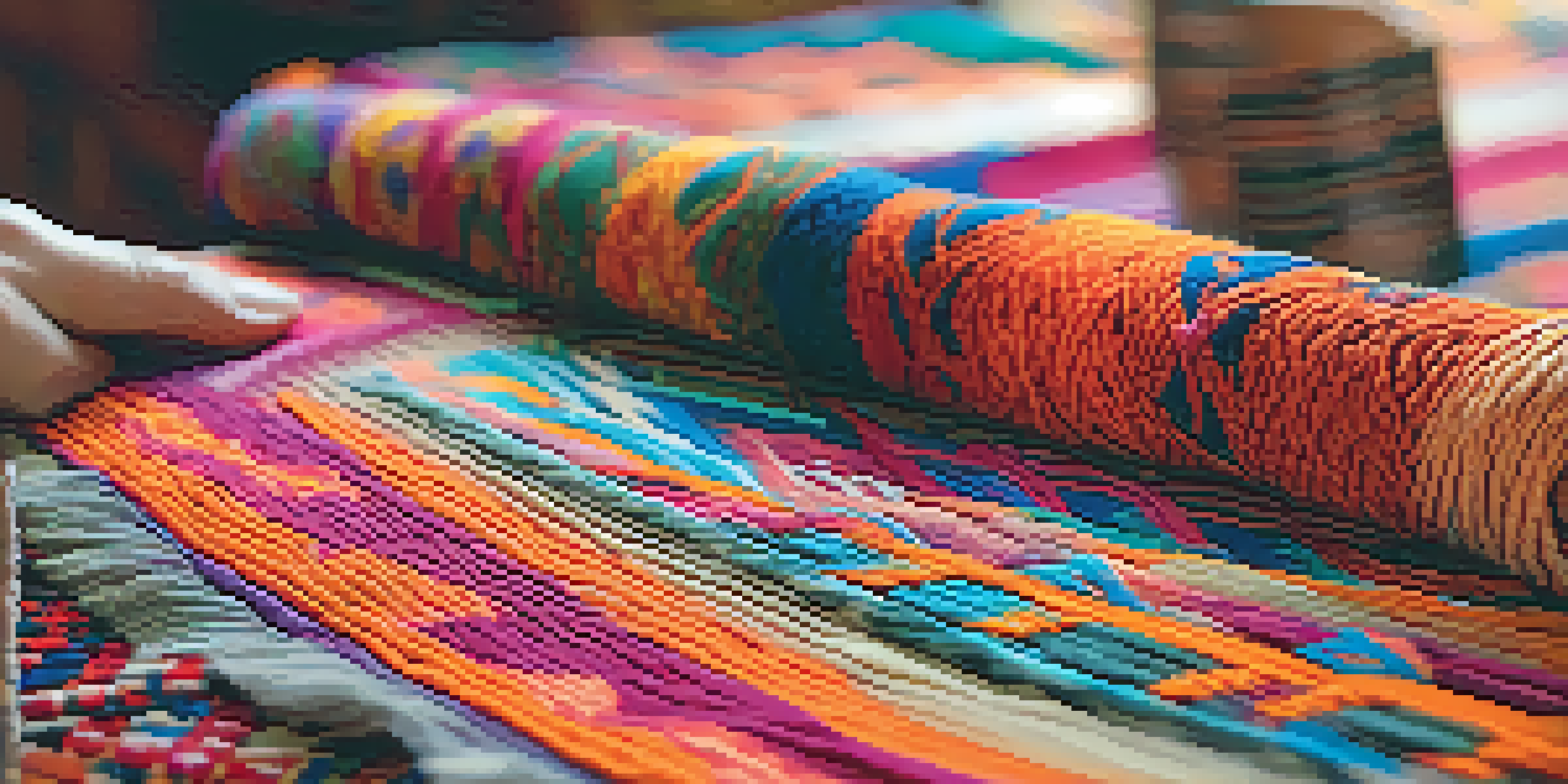 A person weaving a colorful kilim rug, focusing on the intricate patterns and textures with sunlight illuminating the scene.
