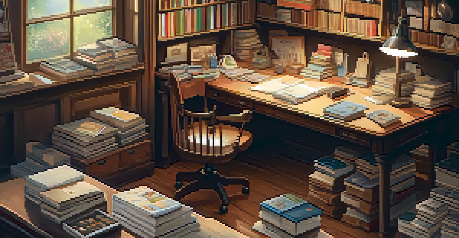 A cozy workspace for a stamp collector, with a desk filled with stamps, a magnifying glass, and a notebook, illuminated by warm lighting.