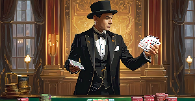 A magician practicing a card trick in front of a mirror, dressed in a black suit with a focused expression.