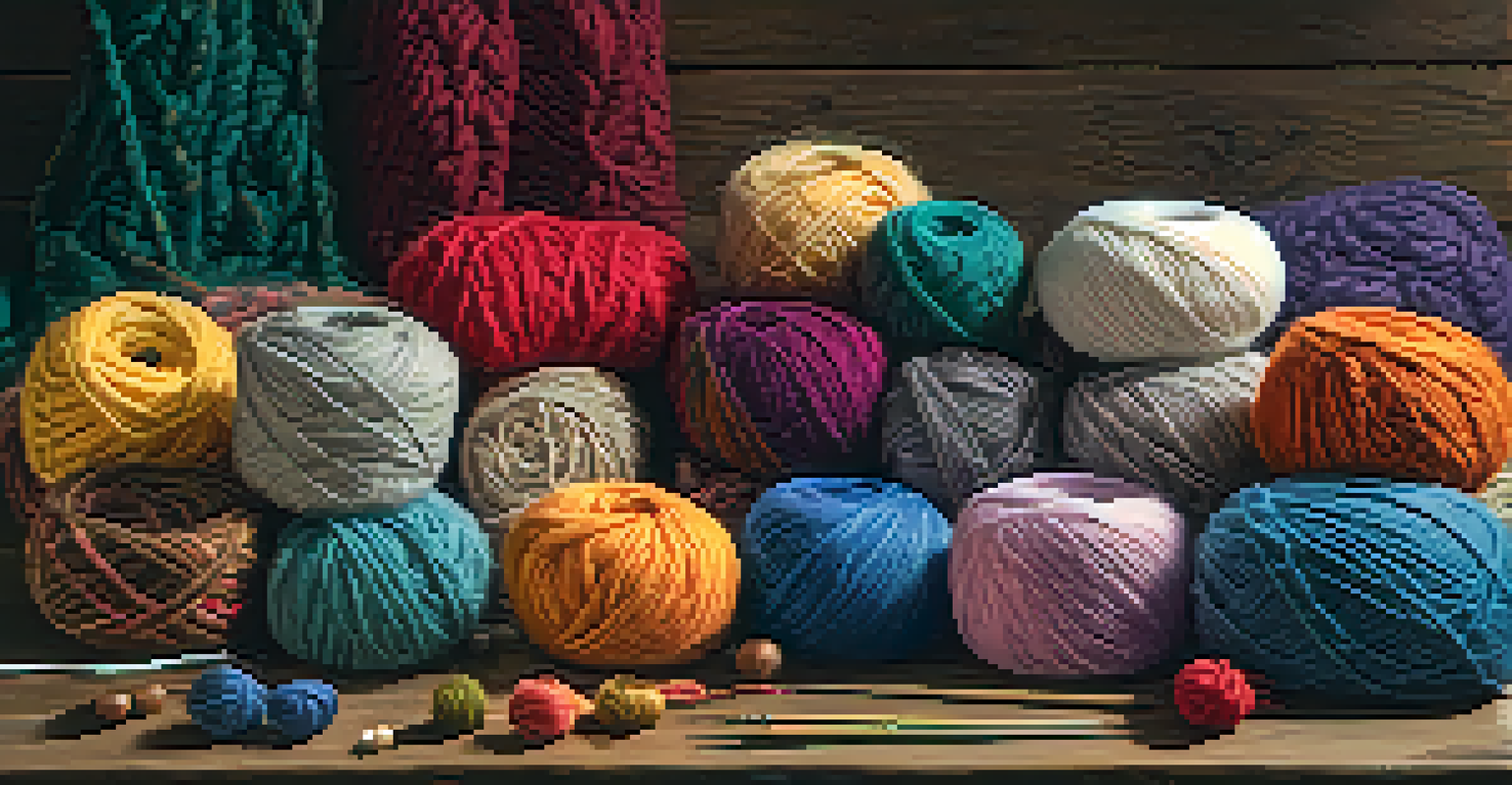 A wooden table displaying various vibrant yarn types including wool, cotton, and acrylic, with knitting needles and a partially finished rug project in the background.