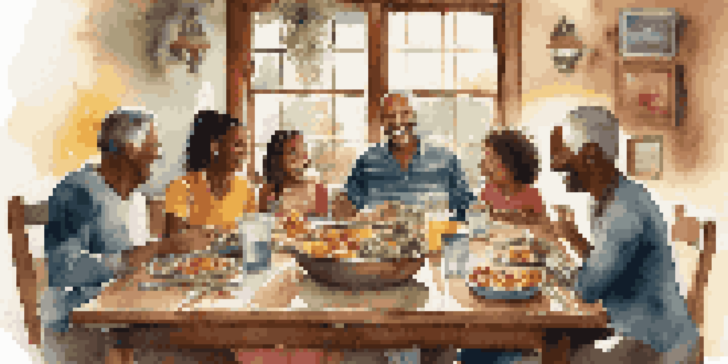 A family gathering around a wooden dining table, sharing stories and laughter in a well-lit room.