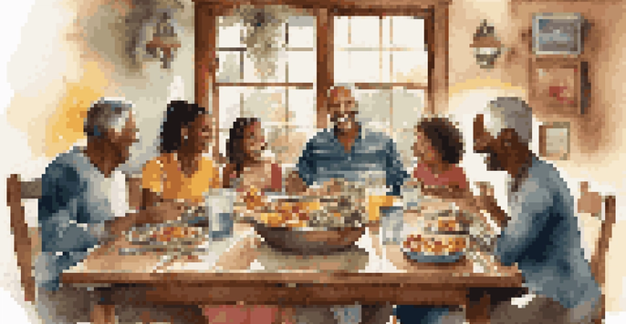 A family gathering around a wooden dining table, sharing stories and laughter in a well-lit room.
