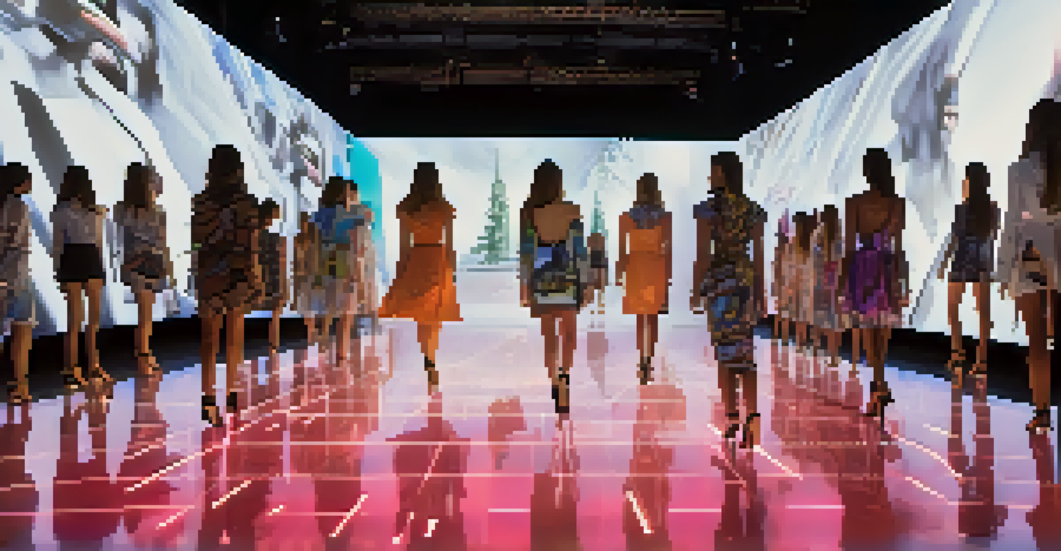 A fashion show with models on a runway, surrounded by interactive digital displays that change in response to the performance, capturing the audience's attention.