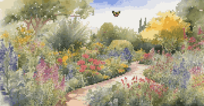 A colorful sustainable garden with native plants, sunlight, and butterflies, showcasing biodiversity.