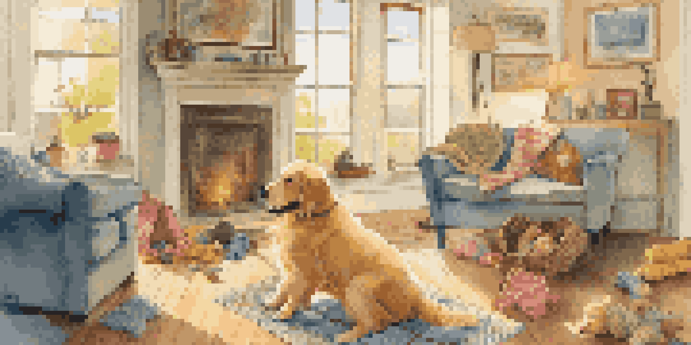 A golden retriever playing with a handmade t-shirt toy in a cozy living room filled with colorful fabric toys.