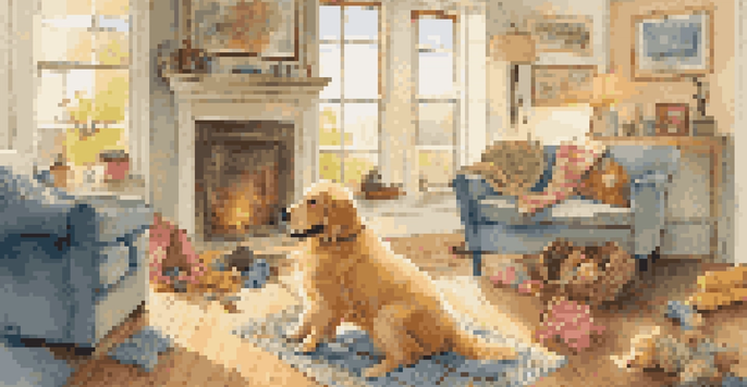 A golden retriever playing with a handmade t-shirt toy in a cozy living room filled with colorful fabric toys.