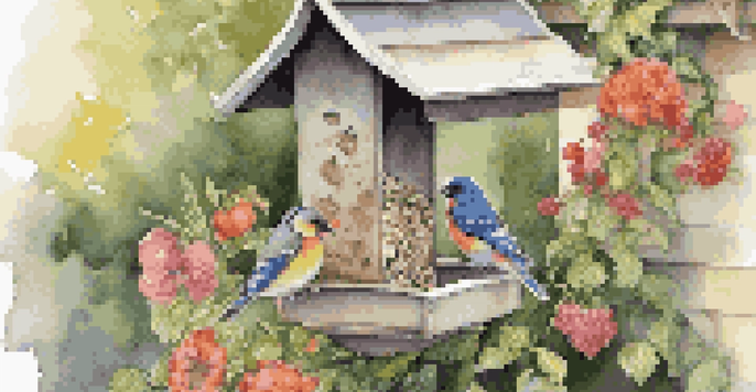 A close-up of a decorative bird feeder filled with seeds, with a small bird perched on it in a colorful backyard.