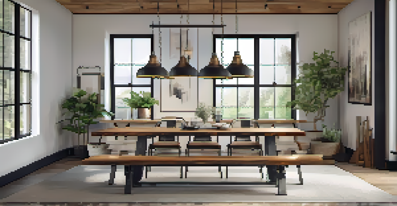 An industrial-style dining area with a rustic wooden table and metal chairs, warmly lit by hanging light fixtures.
