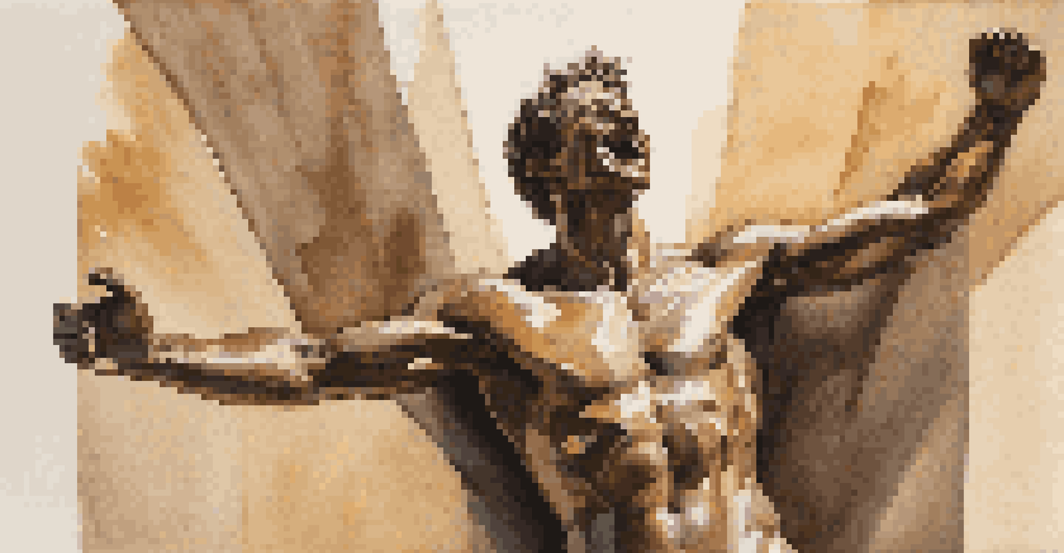 A bronze sculpture of a man joyfully extending his arms, set on a stone pedestal with sunlight casting shadows.