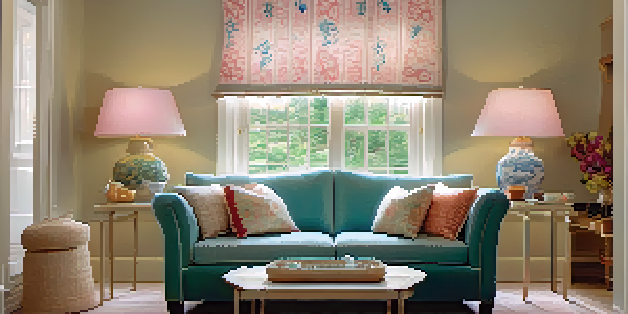 A cozy living room with a colorful fabric lampshade, warm lighting, and inviting decor.