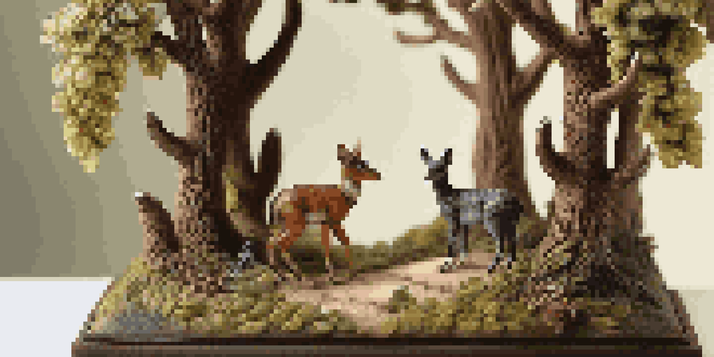 A miniature sculpture depicting a peaceful forest with tiny animals and detailed trees, illuminated softly.