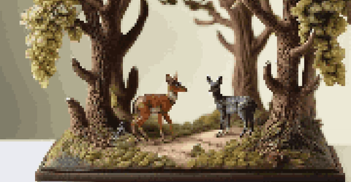 A miniature sculpture depicting a peaceful forest with tiny animals and detailed trees, illuminated softly.