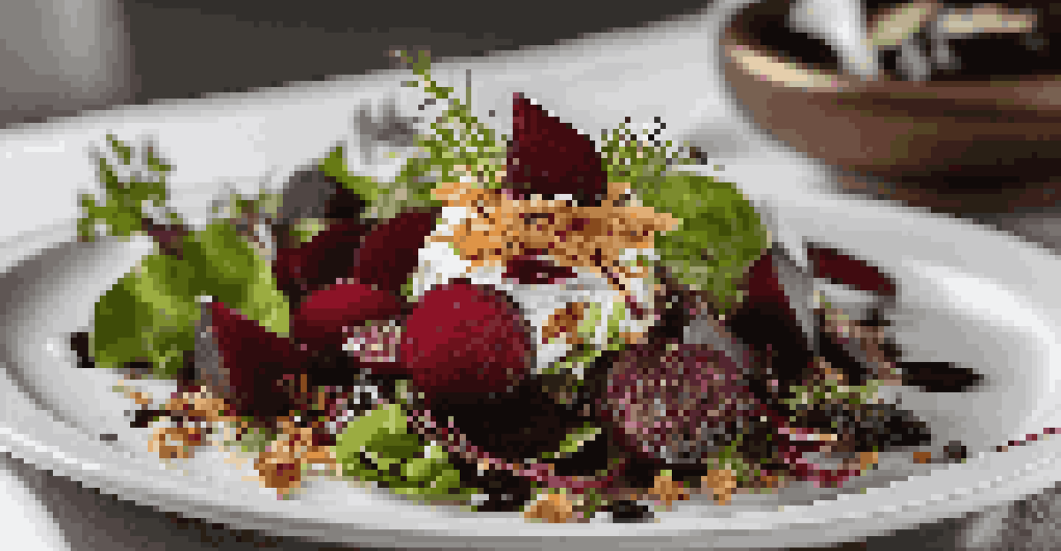 A layered gourmet salad with beets, goat cheese, and fried onions on a white plate with herbs and balsamic drizzle.