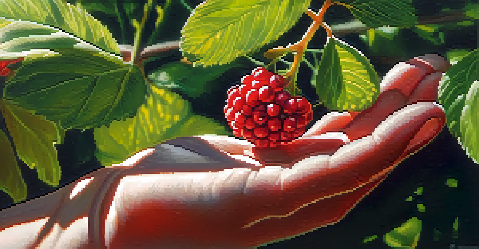 A child's hand holding a bright red wild berry against a backdrop of green leaves and sunlight.