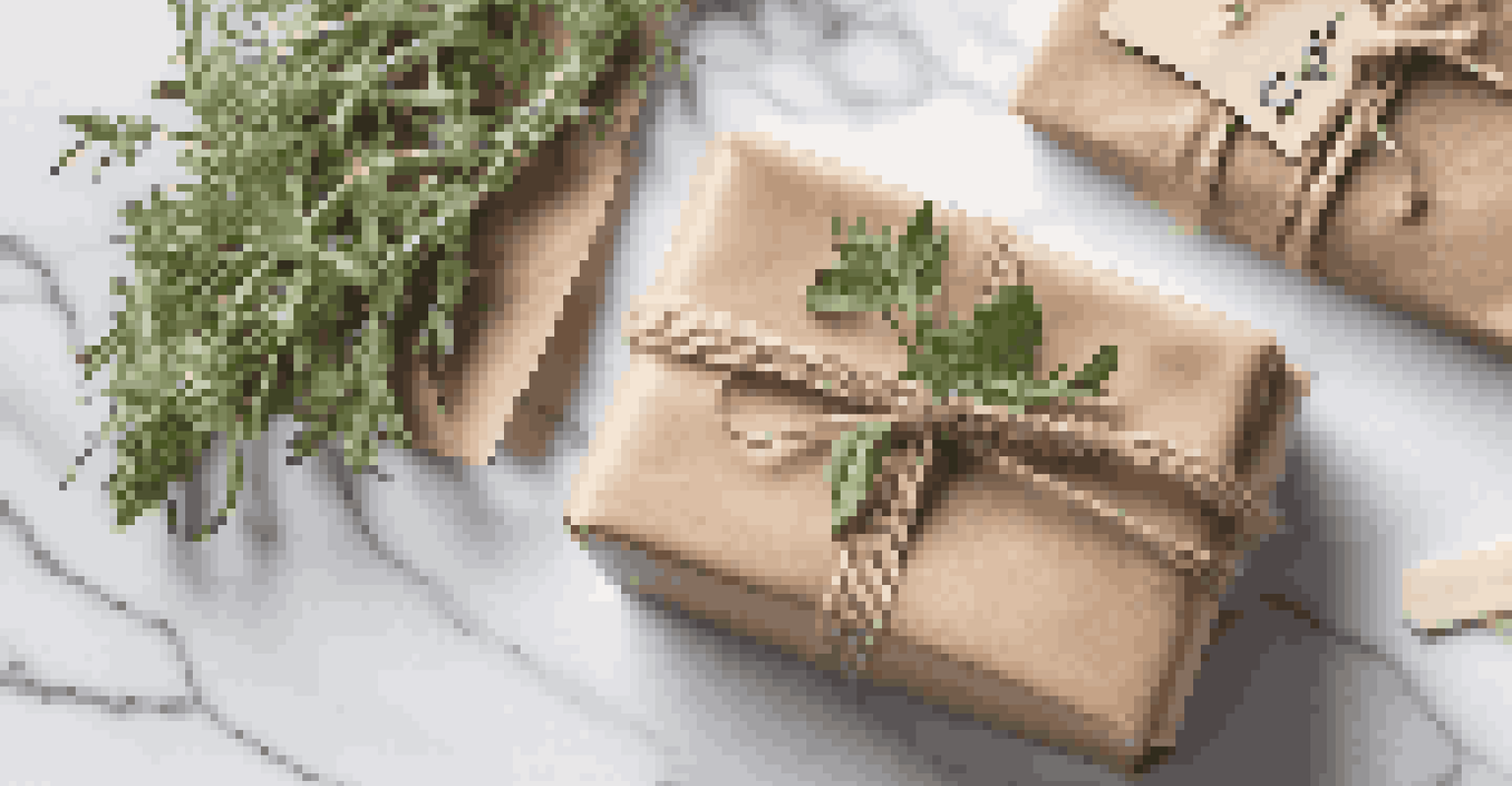 A beautifully wrapped package of handmade soaps in kraft paper with twine, placed on a marble countertop, alongside fresh herbs and flowers.