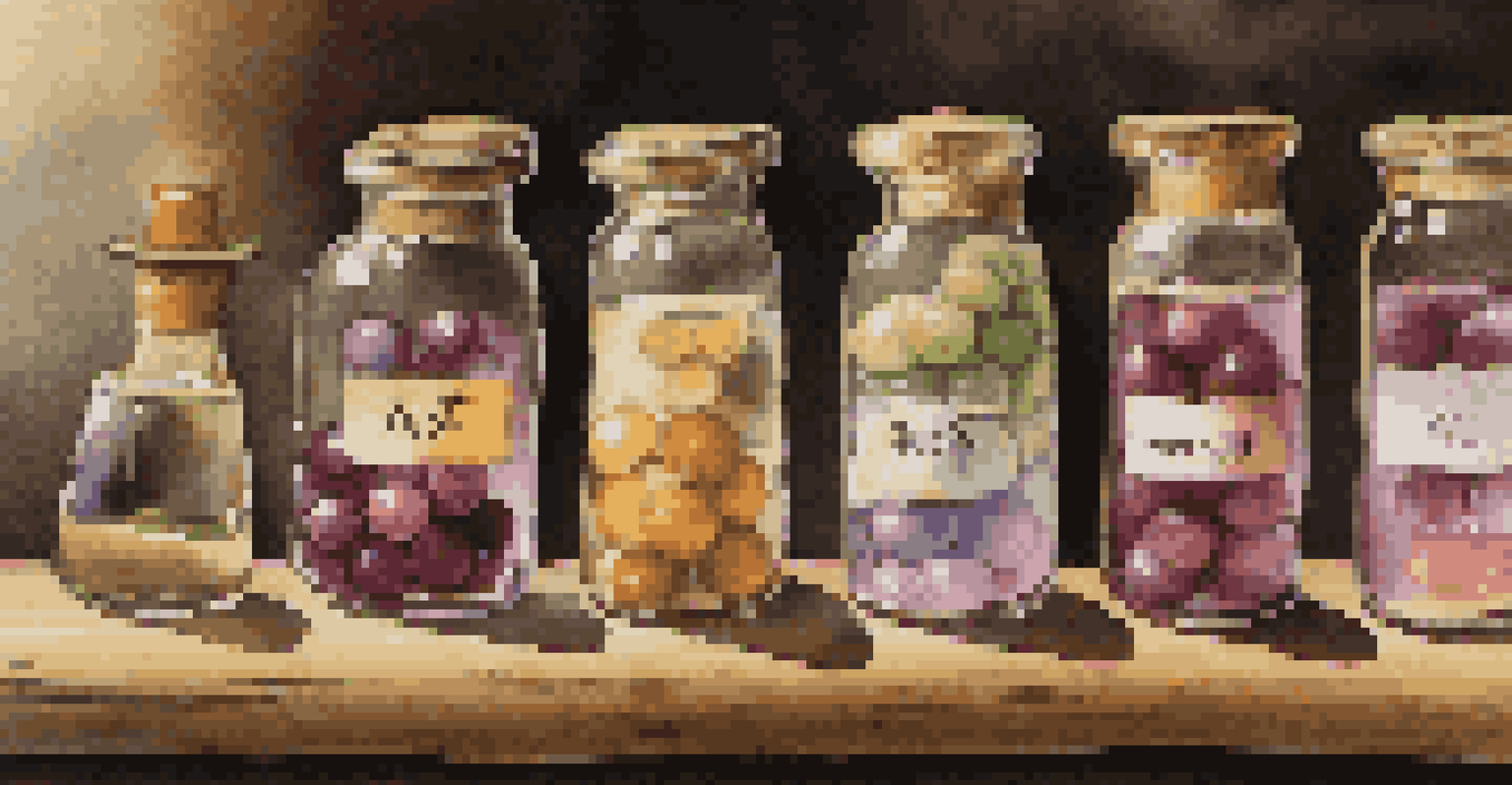 Various yeast strains in glass vials on a wooden table with blurred grape bunches and wine barrels in the background.