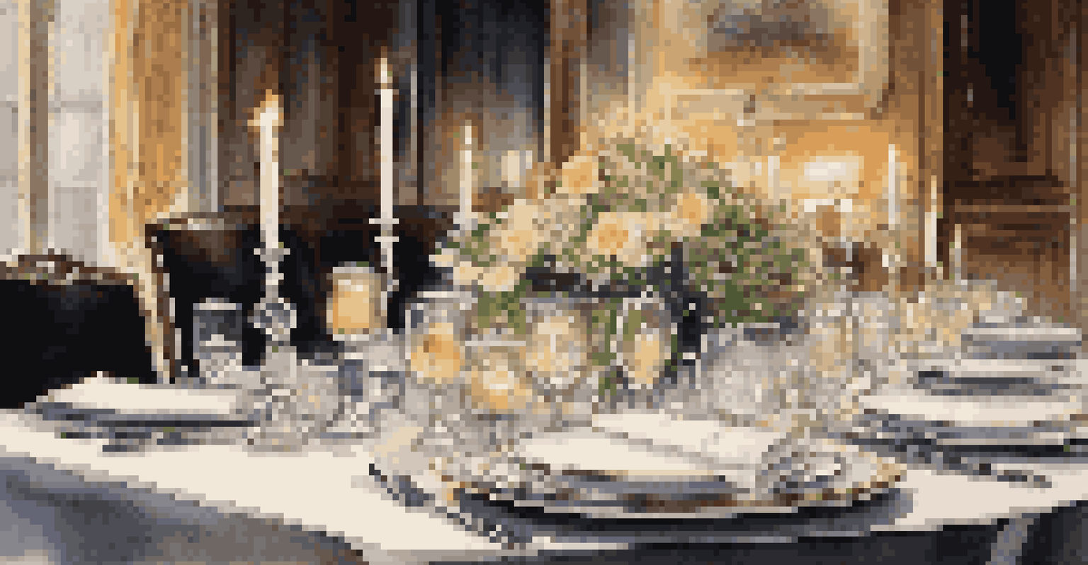 A close-up view of an elegant table setting at a formal event with candles and flowers.