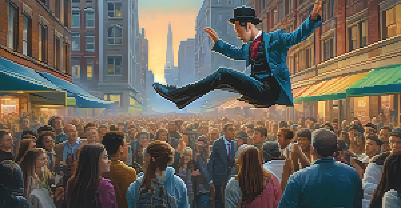 A modern magician levitating in an urban street setting, with a surprised crowd gathered around him.
