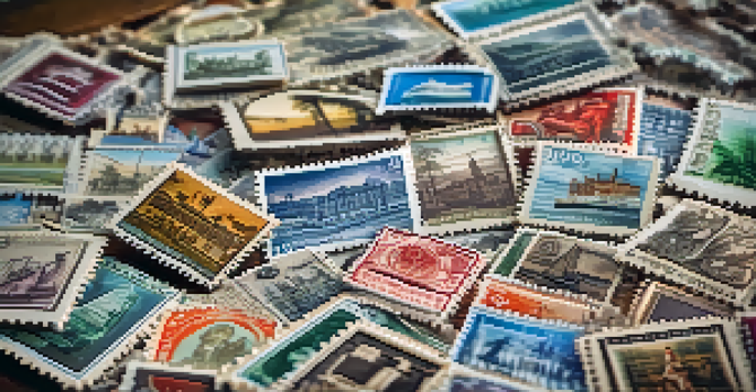 A vintage postage stamp collection displayed on a wooden table, featuring intricate designs of historical figures and landmarks, illuminated by soft natural light.