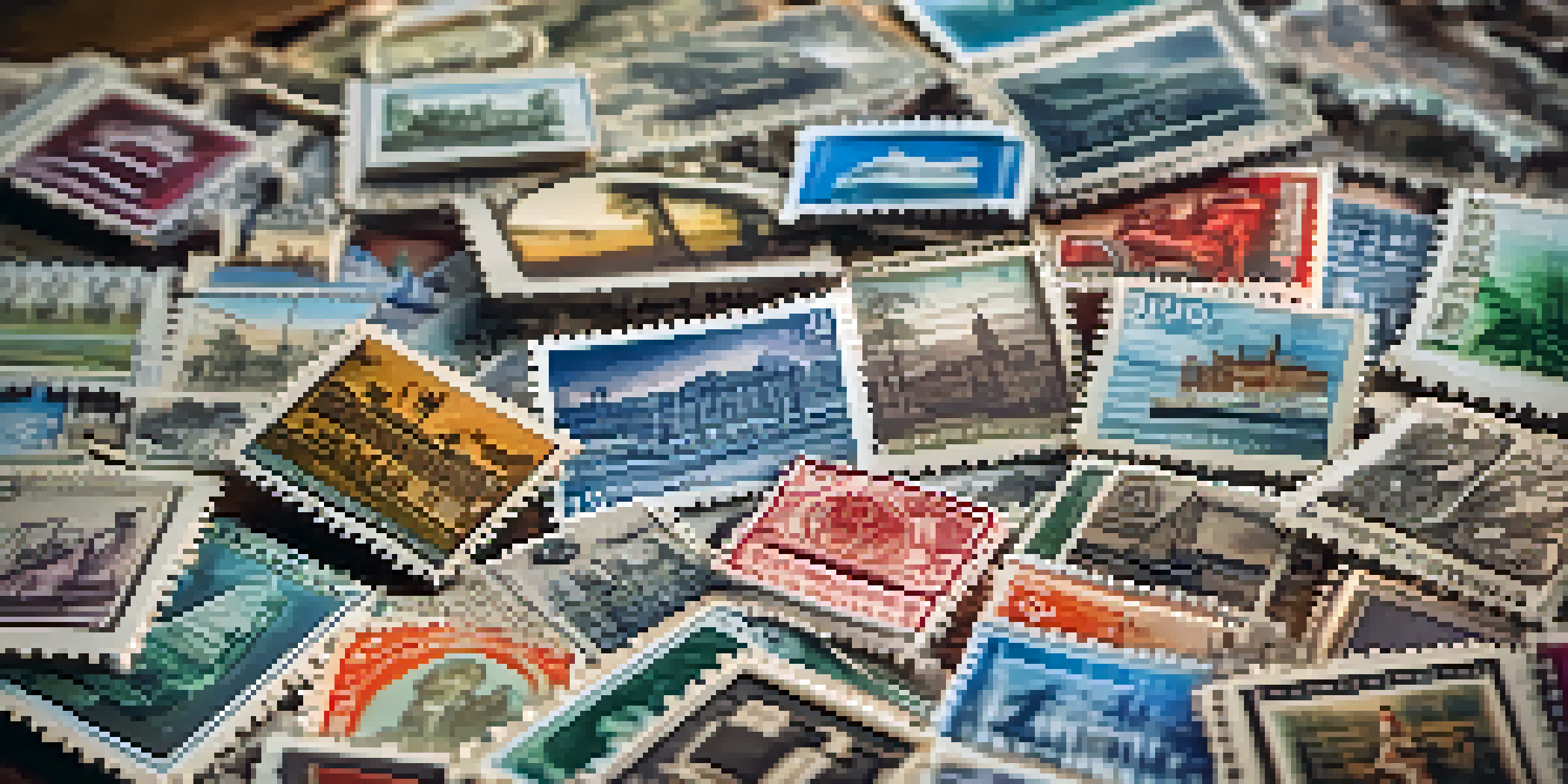 A vintage postage stamp collection displayed on a wooden table, featuring intricate designs of historical figures and landmarks, illuminated by soft natural light.