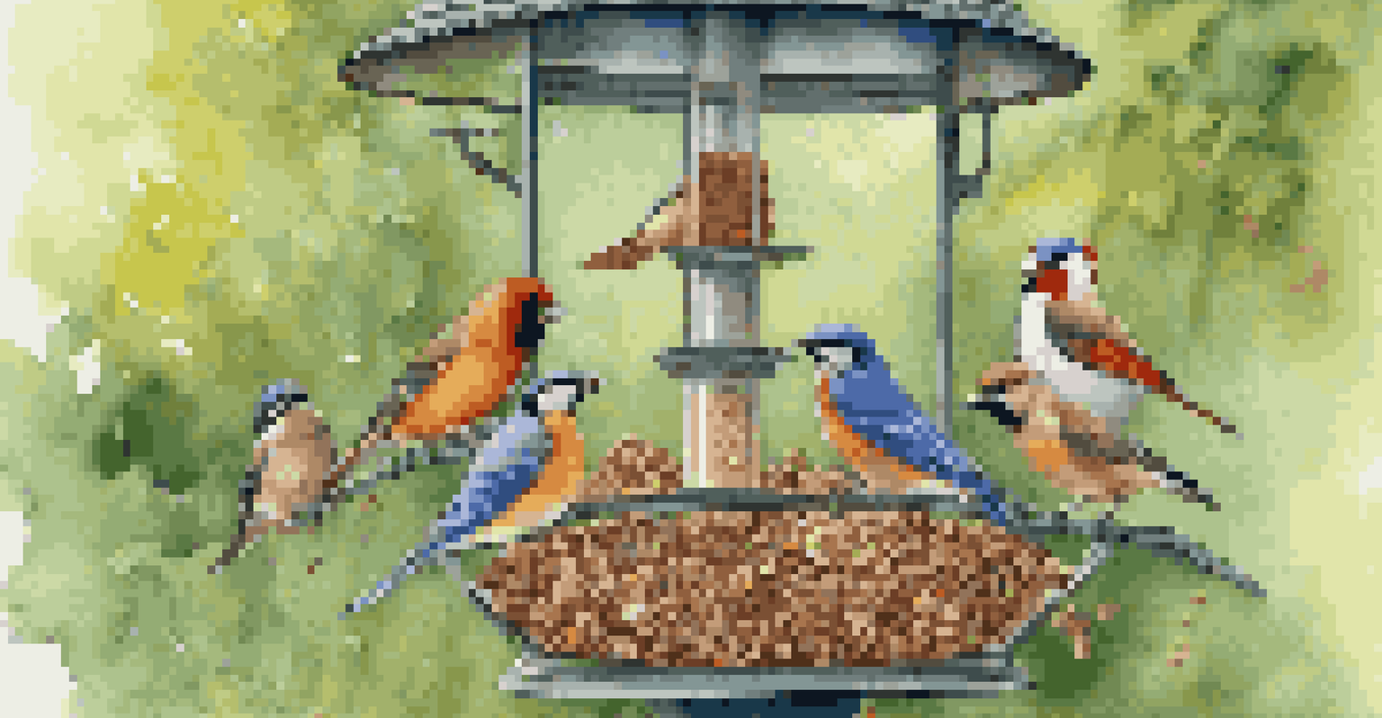 A close-up of a bird feeder surrounded by colorful birds, with seeds and nuts in focus and soft morning light.