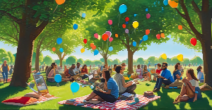 A diverse group of travel bloggers interacting in a sunny park, surrounded by greenery and colorful decorations.