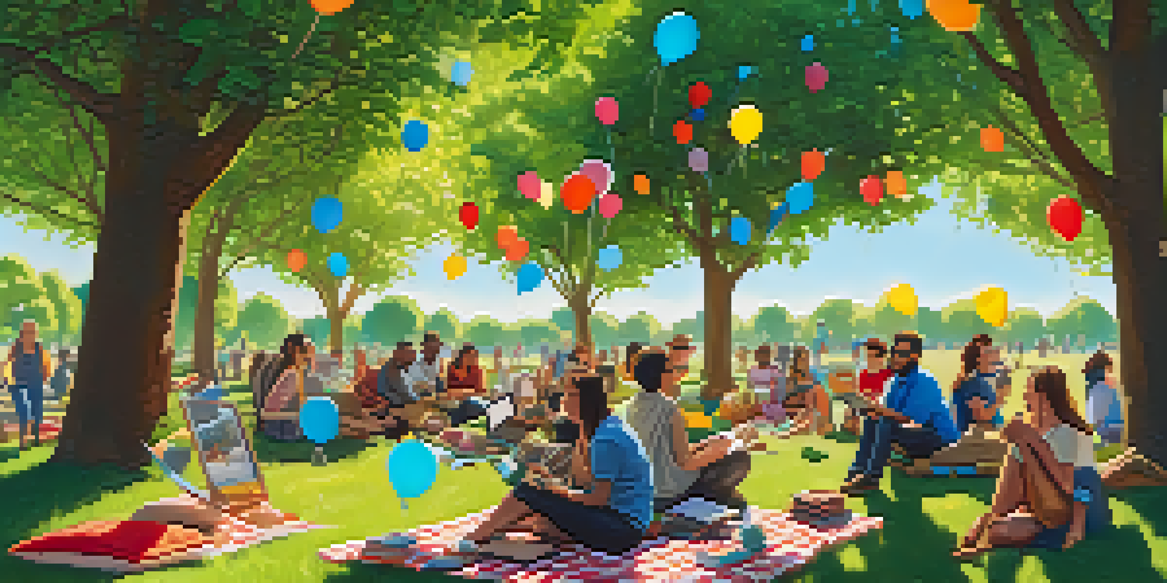 A diverse group of travel bloggers interacting in a sunny park, surrounded by greenery and colorful decorations.