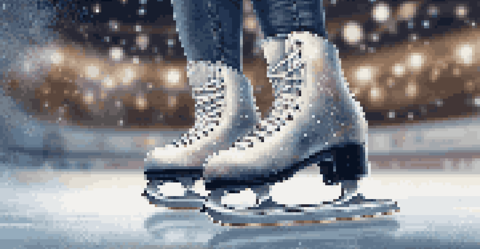Close-up of ice skates on the ice with a blurred skater practicing in the background, showcasing the texture of the ice.