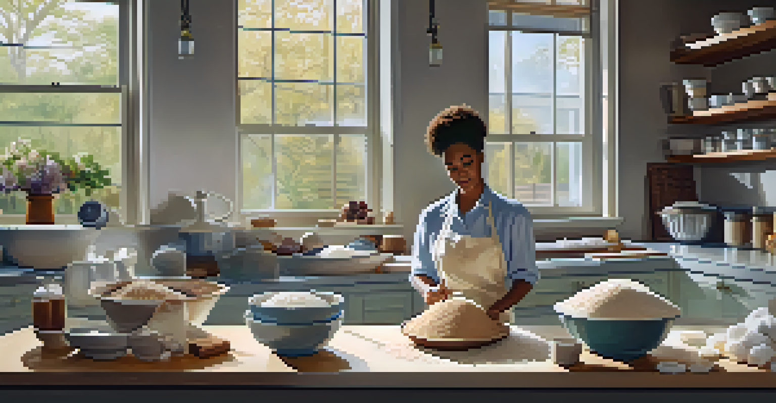 A modern kitchen with a baker experimenting with various types of sugar and ingredients on the countertop.