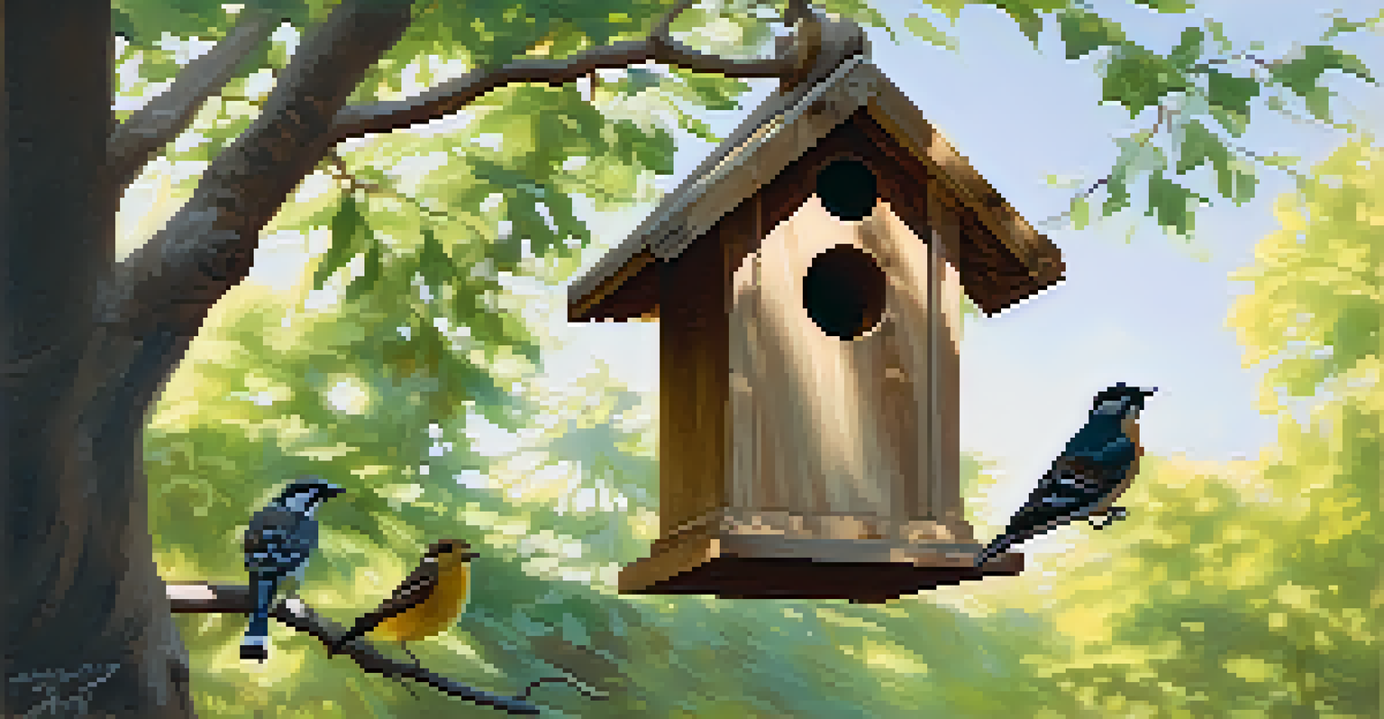 A rustic birdhouse in a shaded backyard, with birds and a feeder nearby.