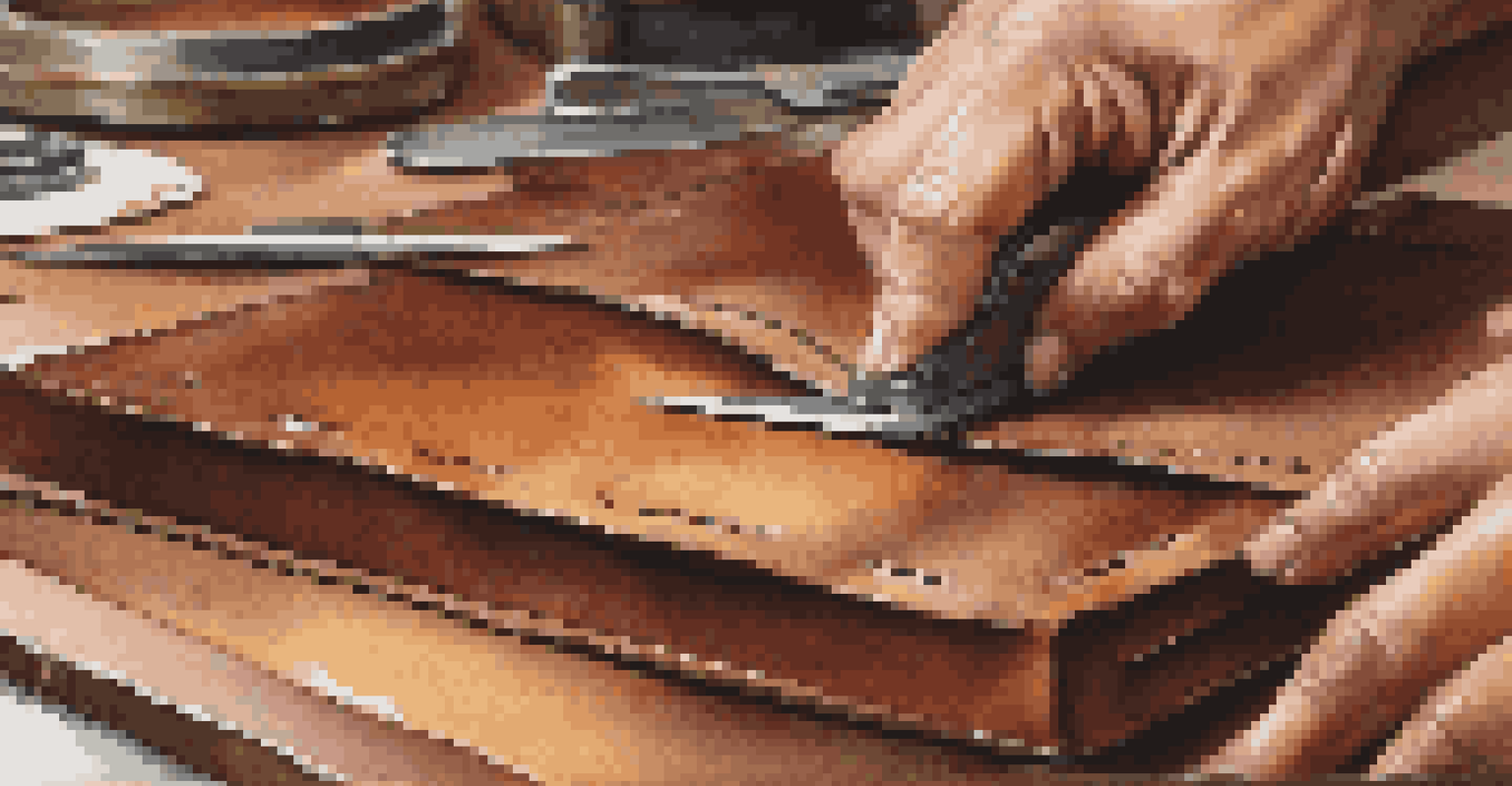 A close-up of hands cutting leather for luggage tags with a rotary cutter.