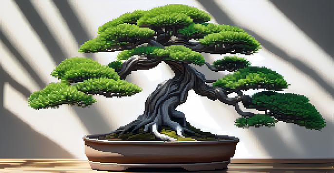 A well-styled bonsai tree on a wooden table, showcasing its intricate branches and lush green leaves under soft sunlight.