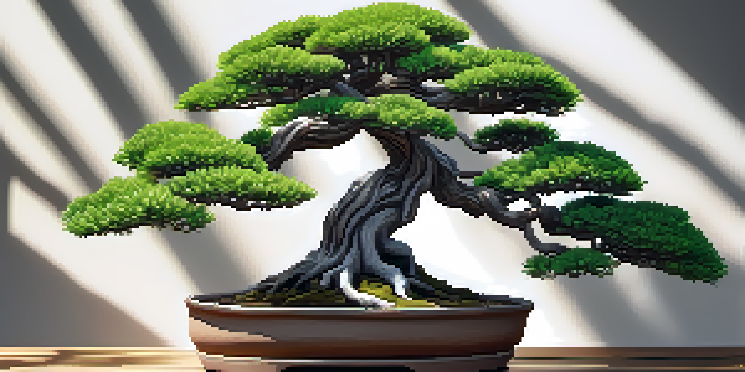 A well-styled bonsai tree on a wooden table, showcasing its intricate branches and lush green leaves under soft sunlight.
