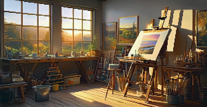An artist's studio filled with warm light, featuring an easel with a sunset painting and art supplies on a wooden table.