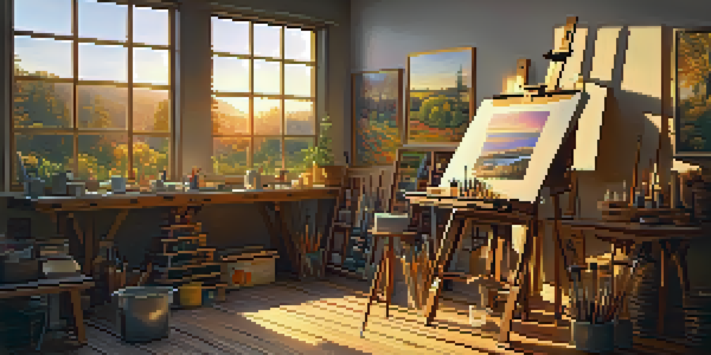 An artist's studio filled with warm light, featuring an easel with a sunset painting and art supplies on a wooden table.