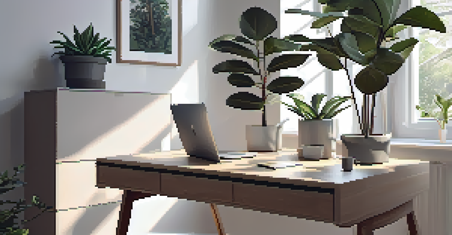 An elegant home office corner with a large rubber tree plant and a minimalist desk, bathed in natural light.