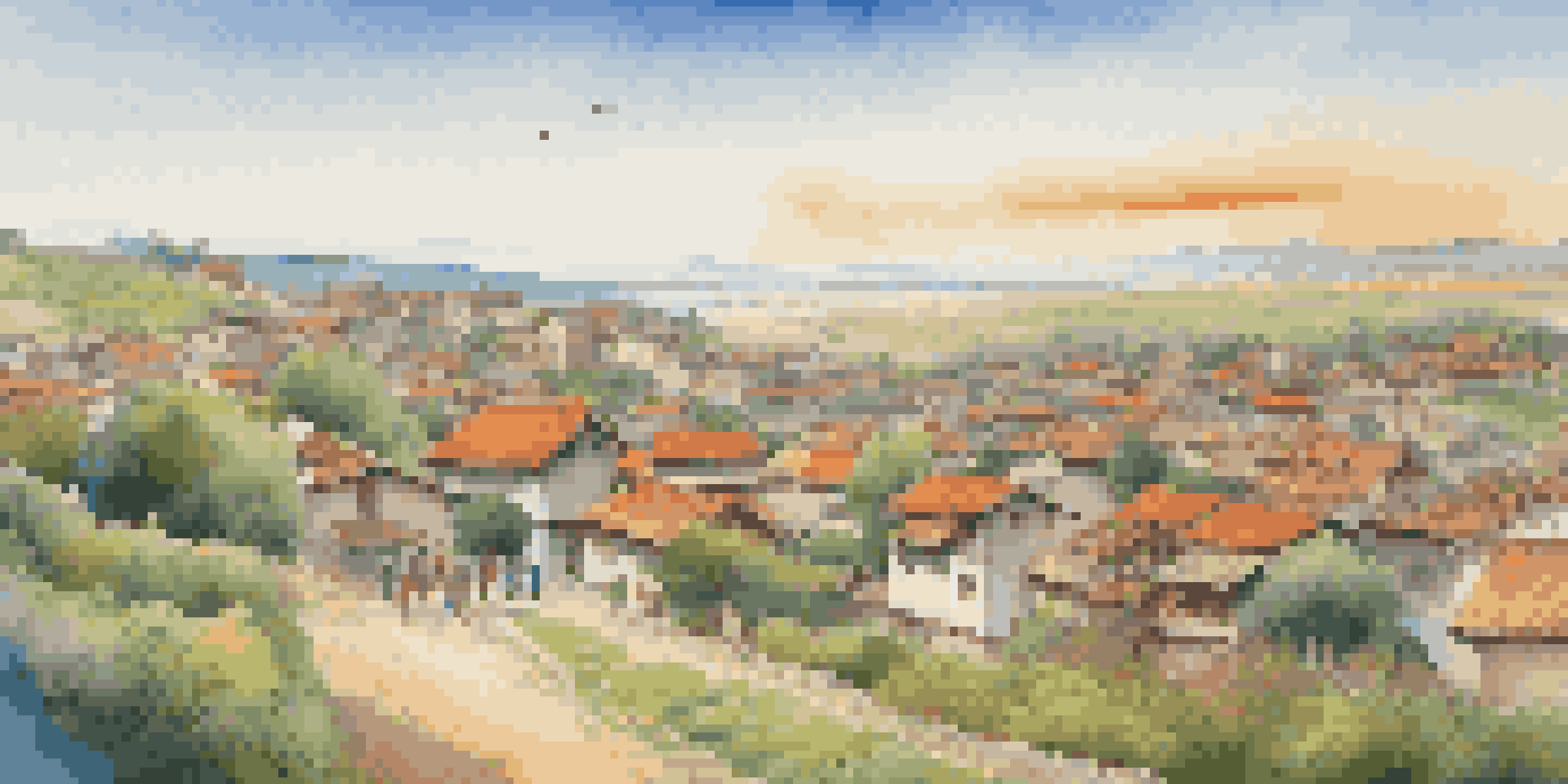 A landscape showing a rural village on the left and a modern city on the right, illustrating migration with warm sunlight and clear skies.