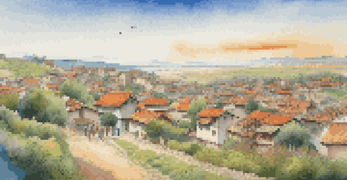 A landscape showing a rural village on the left and a modern city on the right, illustrating migration with warm sunlight and clear skies.