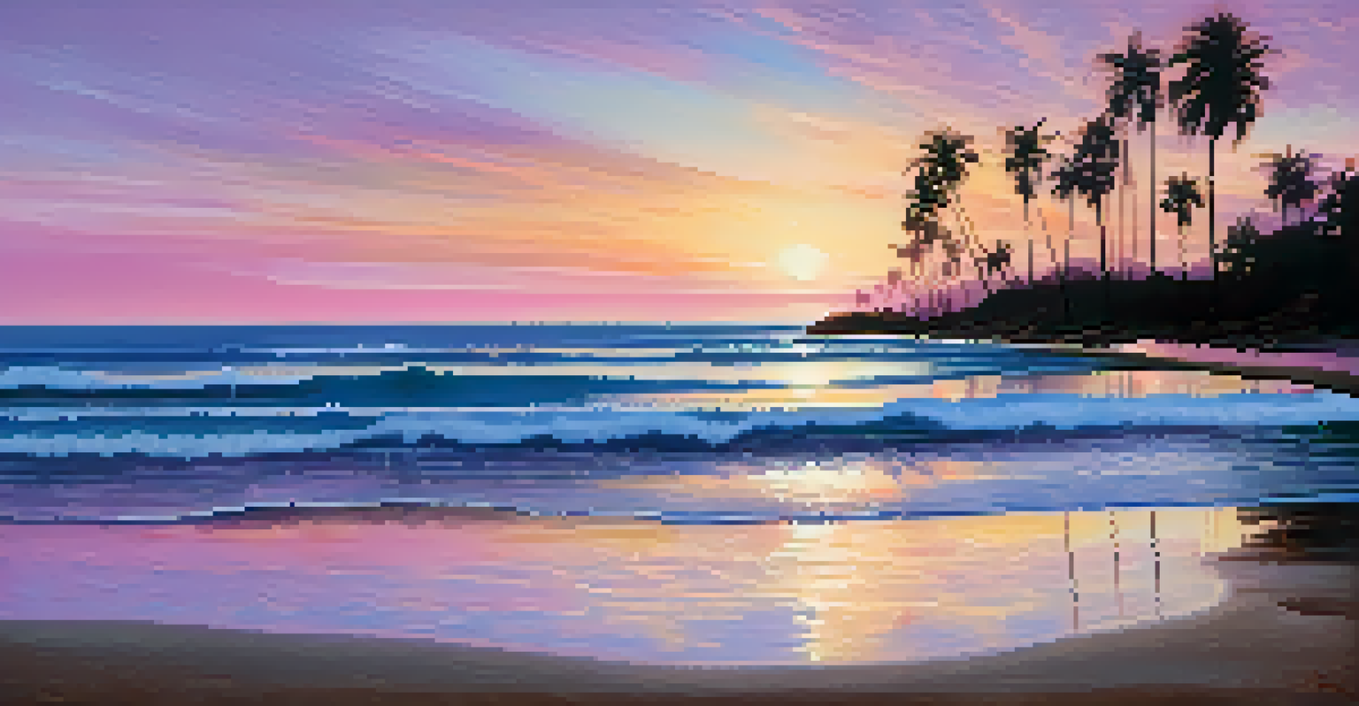 A serene beach at sunset with colorful skies and gentle waves, framed by palm trees.
