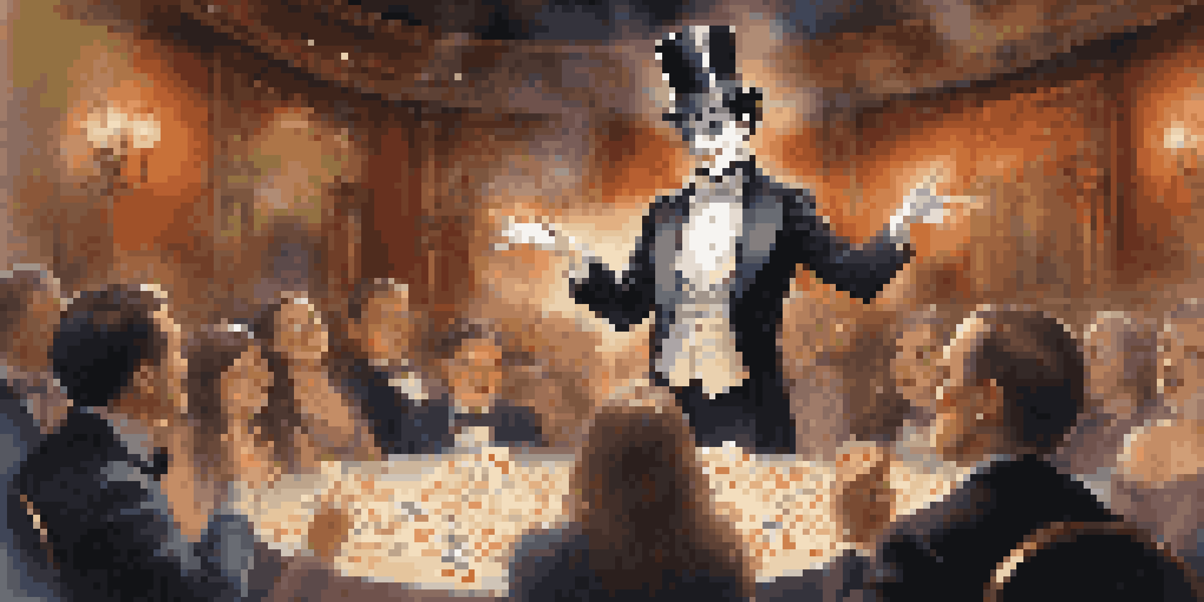A magician in a black tuxedo performing a card trick in a dimly lit venue, with colorful cards floating in the air.