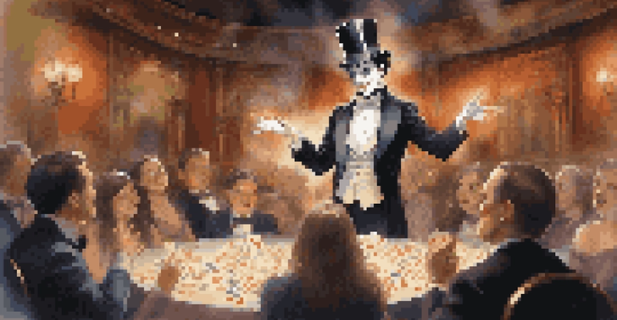 A magician in a black tuxedo performing a card trick in a dimly lit venue, with colorful cards floating in the air.